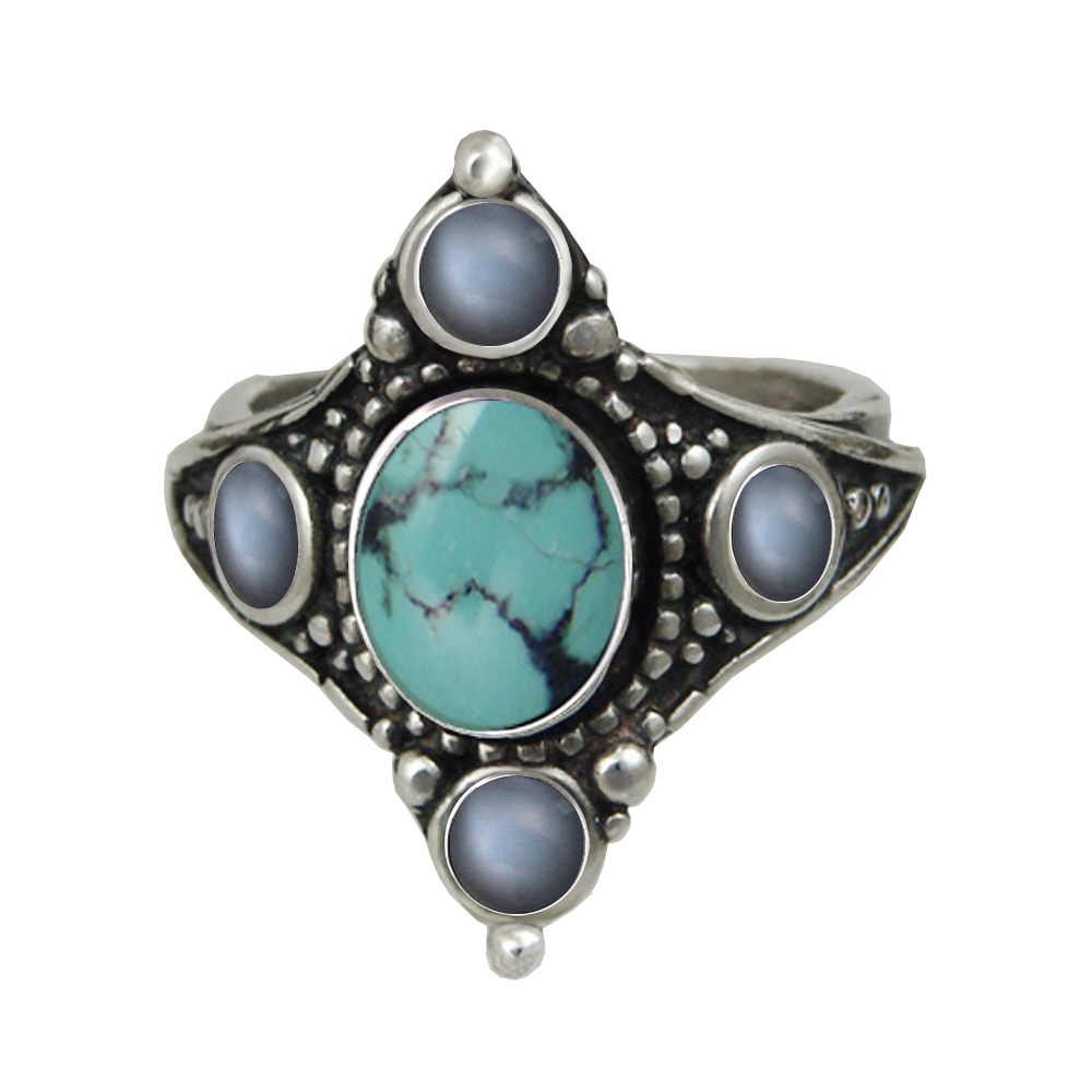 Sterling Silver Queen's Ring With Chinese Turquoise And Grey Moonstone Size 9